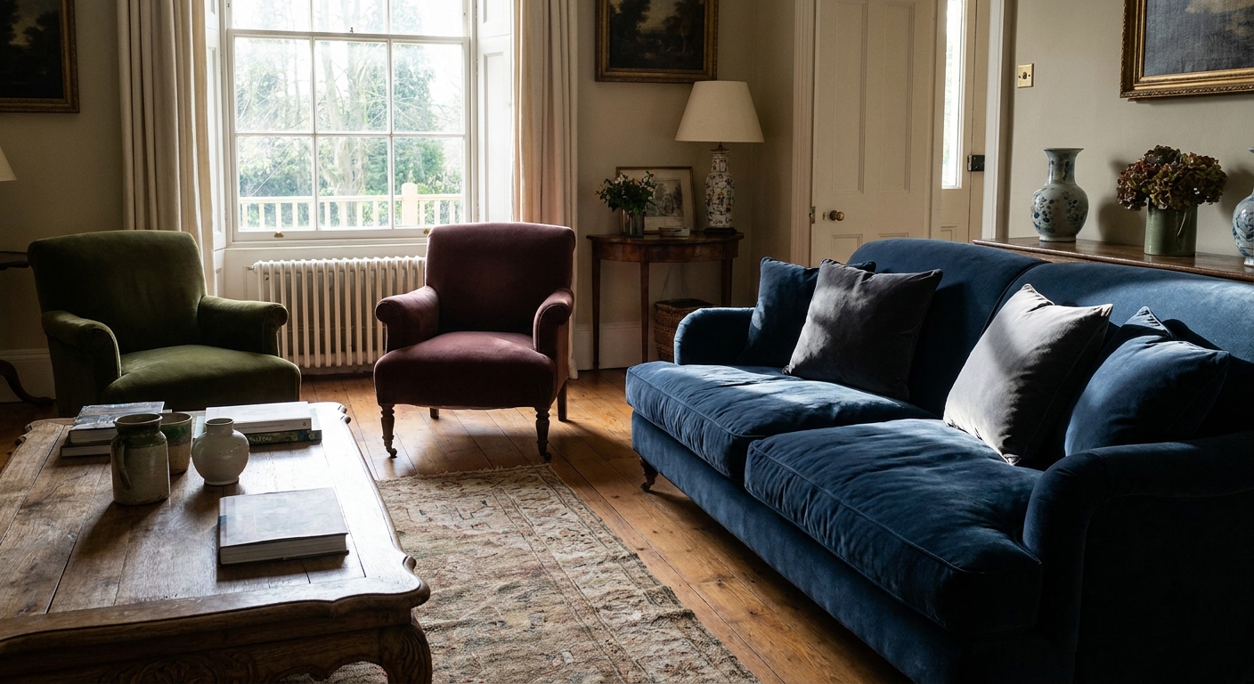 How velvet pile direction changes color perception in formal interiors