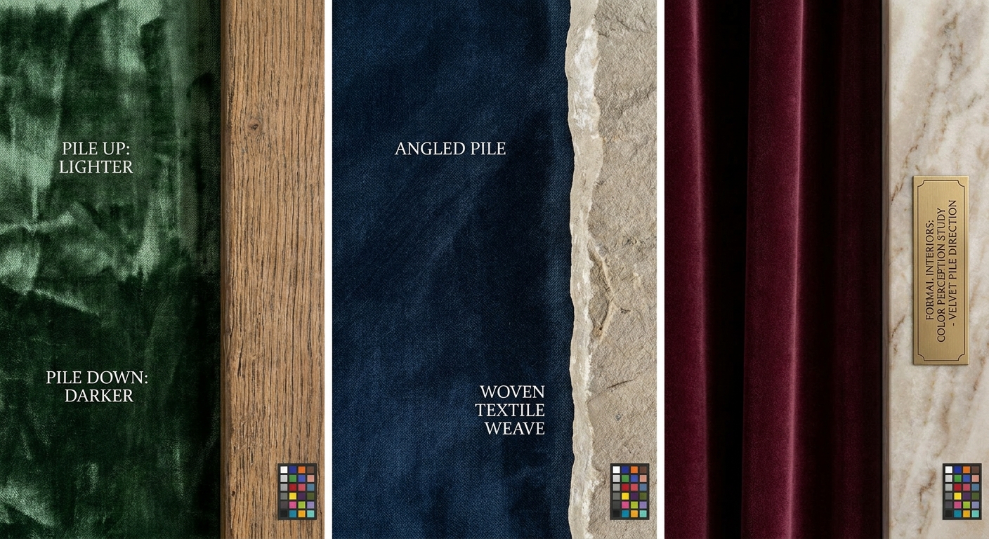 How velvet pile direction changes color perception in formal interiors
